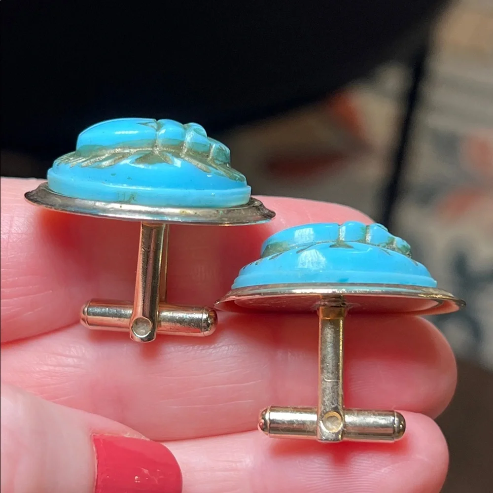 Vintage Egyptian Turquoise Blue Scarab Beetle Gold Tone Cufflinks and Tie Clip